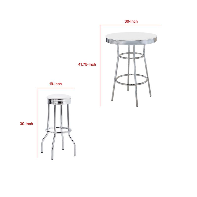 Loy 3 Piece Retro Bar Table Set, Round White Top, 2 Stools, Chrome