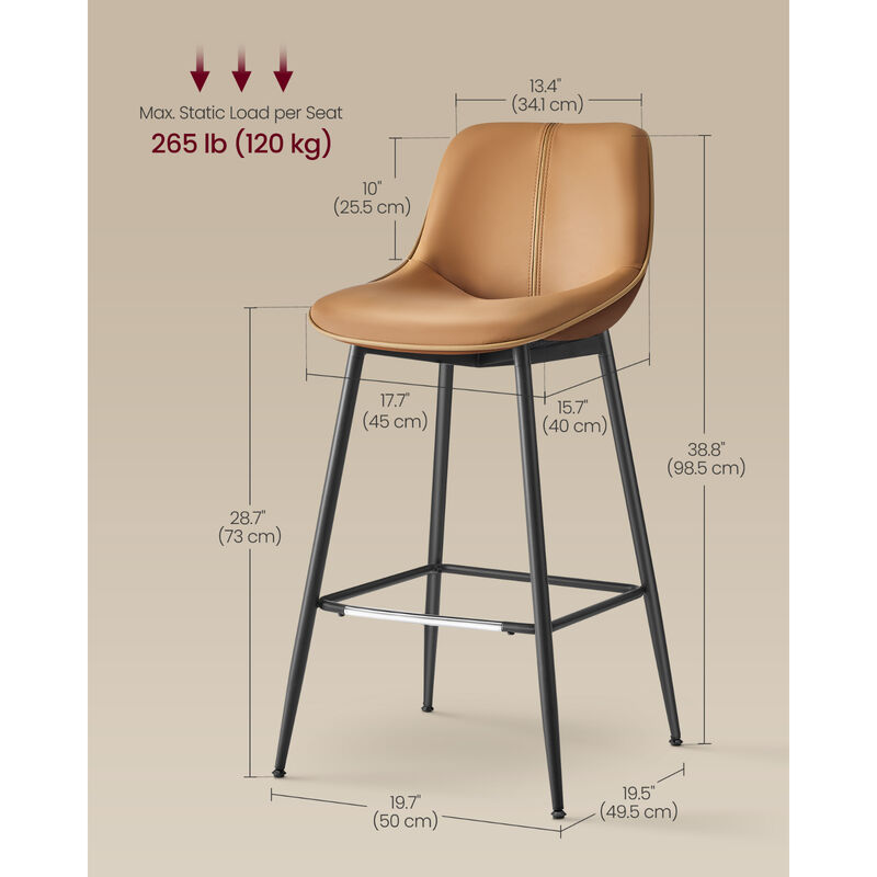 Set of 2 Bar Height Stools &ndash; Modern Tall Chairs with Back Support & Sturdy Base for Home Bar or Countertop