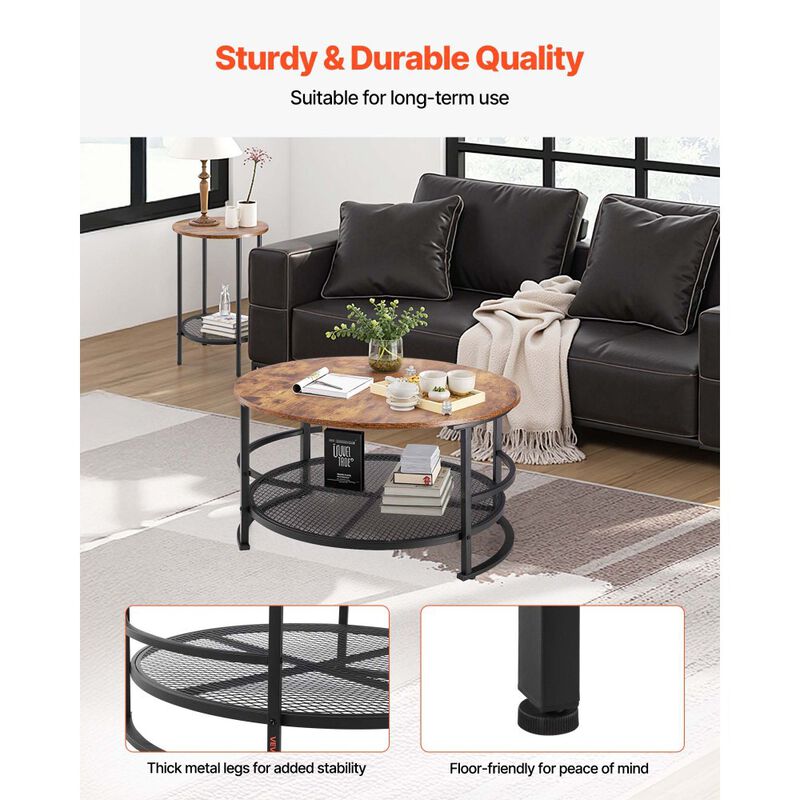 Industrial 3 Piece Coffee Table Set Round Center Table with 2 End Tables for Living Room-Brown image number 5