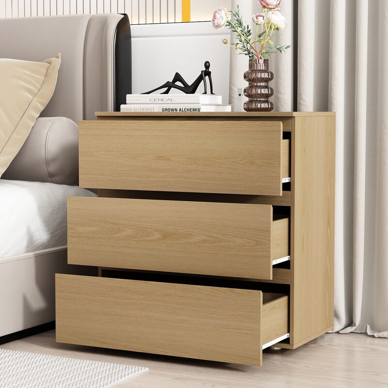 FUFU&GAGA 3-Drawer Wood Grain Nightstand with Slanted Fronts and No Handles, Rustic Bedside Storage Cabinet (32.3 in. H x 30.3 in. W x 15.7 in. D), Oak Wood Finish