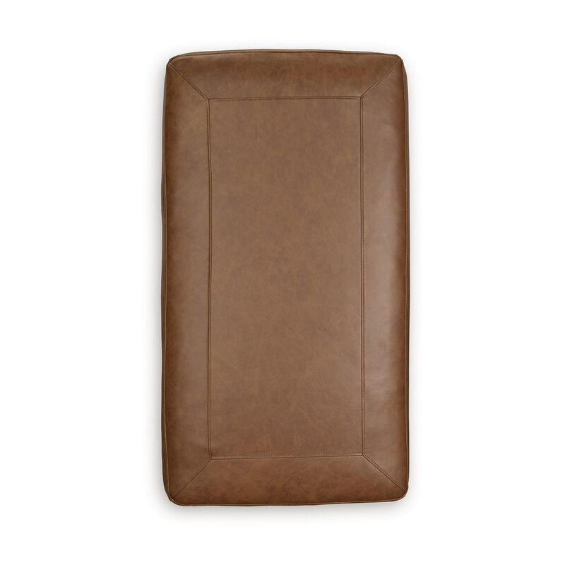 Aida 44 Inch Ottoman, Plush Cushion Top, Caramel Brown Genuine Leather - Benzara