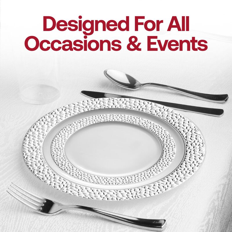 White with Silver Hammered Rim Plastic Dinnerware Value Set (40 Sets) image number 7