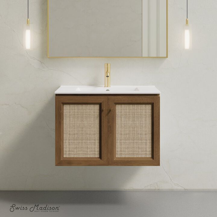 30" Wall-Mounted Bathroom Vanity in Brown Oak with Single Faucet Hole Vanity Top