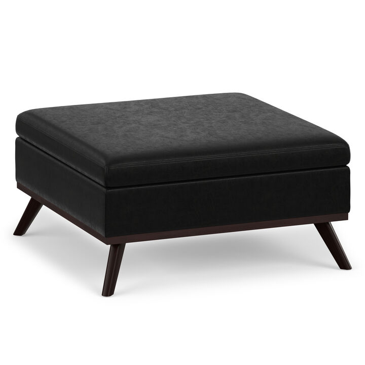 Owen 36 inch Wide Mid Century Modern Square Coffee Table Storage Ottoman in Distressed Black Vegan Faux Leather, Assembled