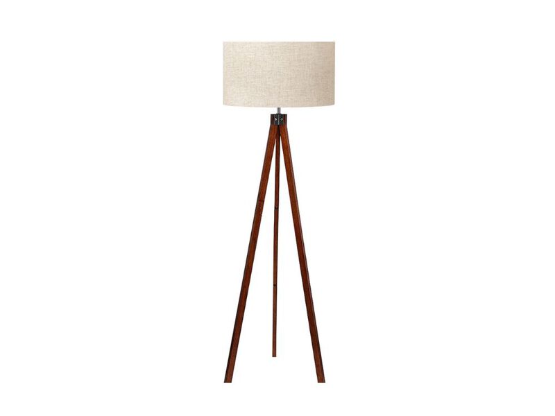 Mid-Century Tripod Floor Lamp – Wood Base, Flaxen Linen Shade, E26 Socket