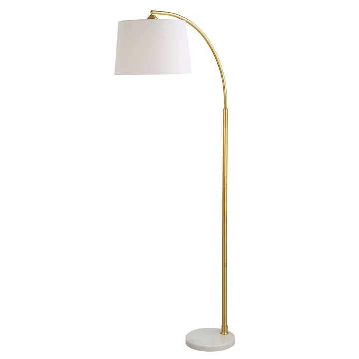 65 Inch Arc Floor Lamp with Adjustable Shade, Marble Base, Gold, White-Benzara