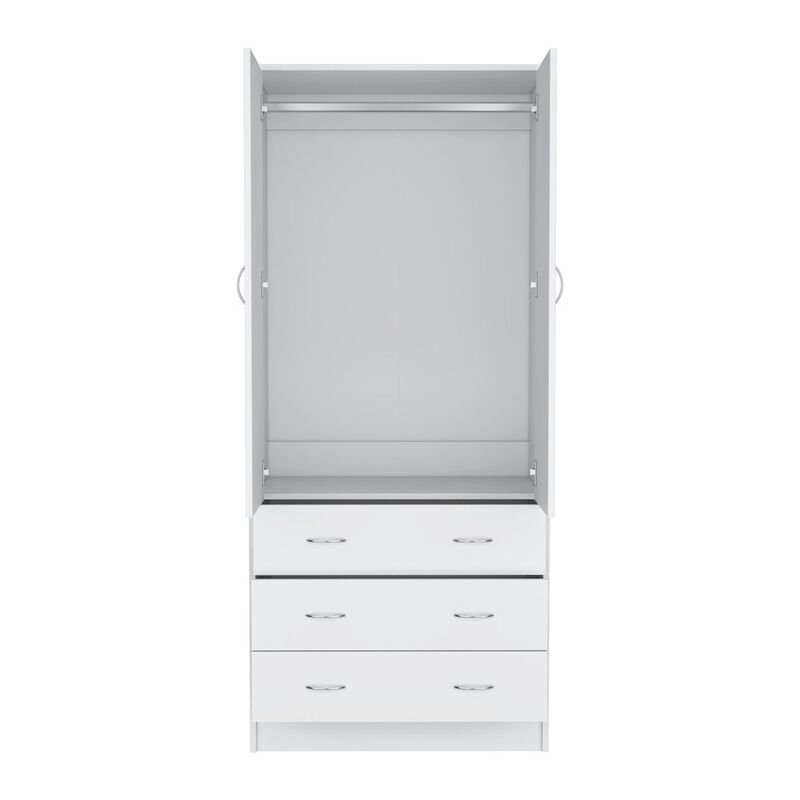Armoire 71" H, with 2 doors, 3 drawers and 1 hanging rod, White