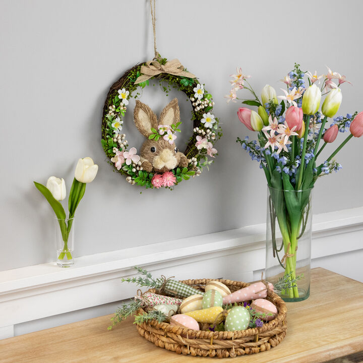 Spring Floral Easter Wreath with Peering Rabbit - 11" - Green and Pink