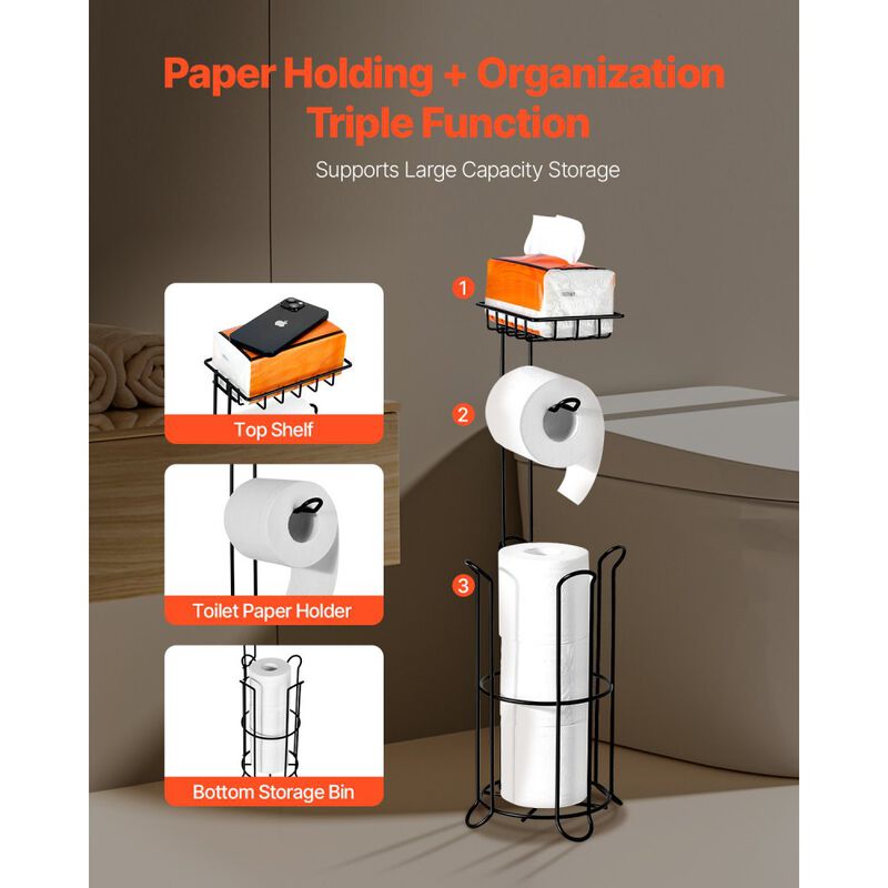 Freestanding Tissue Roll Holder with Shelf, Metal Toilet Paper Organizer for Bathroom Storage-Matte Black image number 6