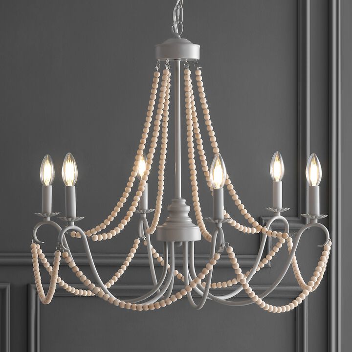 Rustica Adjustable Greige Metal/Wood Bead LED Chandelier