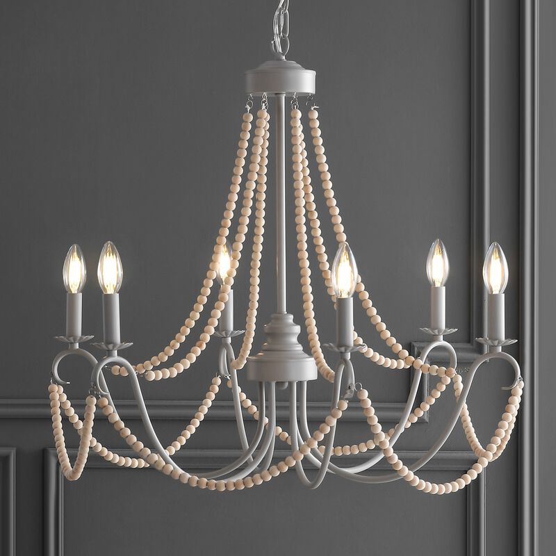 Rustica Adjustable Greige Metal/Wood Bead LED Chandelier