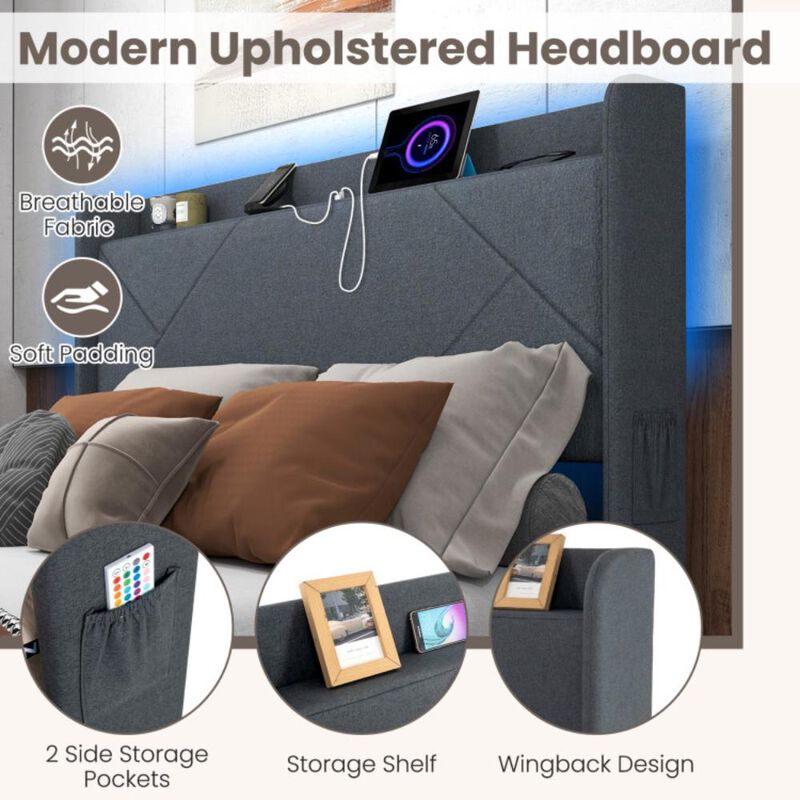 Hivvago Bed Frame with LED Lights and Charging Station-Queen Size