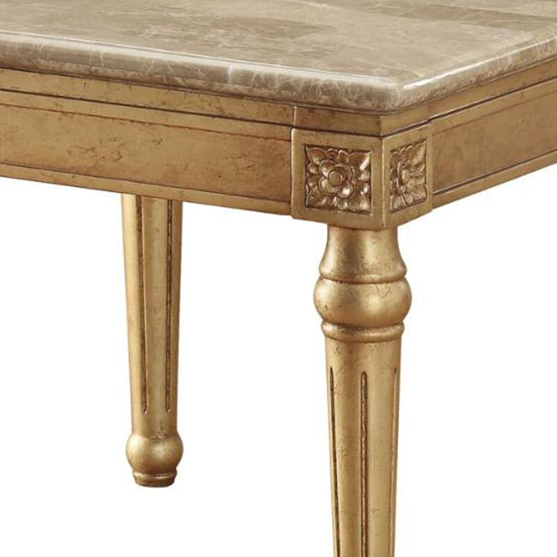 Marble Top End Table With Fluted Detail Wooden Turned Legs, Gold-Benzara