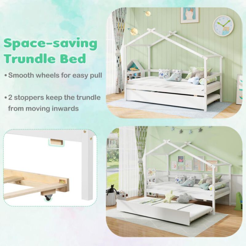Hivvago Kids Twin Size House Bed with Trundle and Roof