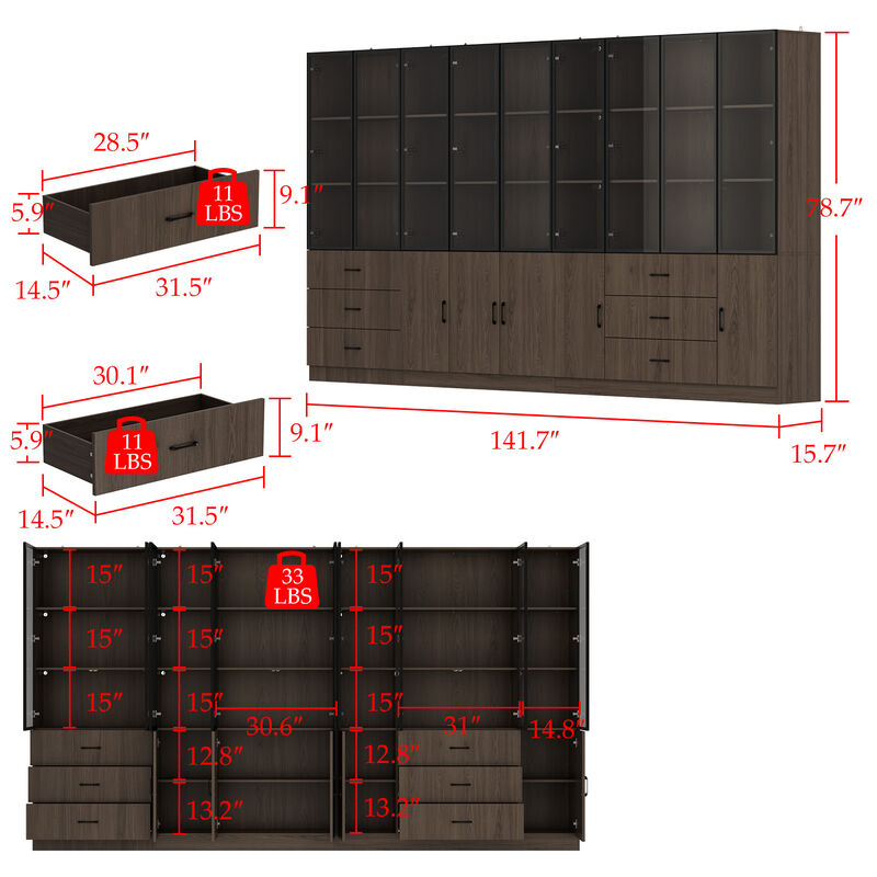 FUFU&GAGA 141.7" Woodgrain 6 Storage Cabinet with 9 Glass Doors & 6 Drawers, Tri-Color LED Lighting, Black Aluminum Frame (141.7 in. W x 15.7 in. D x 78.7 in. H) image number 9