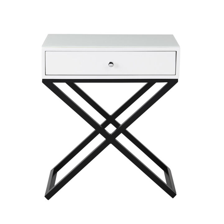 Koda White Wooden End Side Table Nightstand with Glass Top, Drawer and Metal Cross Base