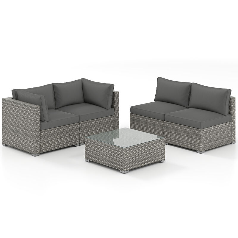 5-Piece Outdoor Patio Sectional Sofa Couch and Glass Coffee Table with Cushions