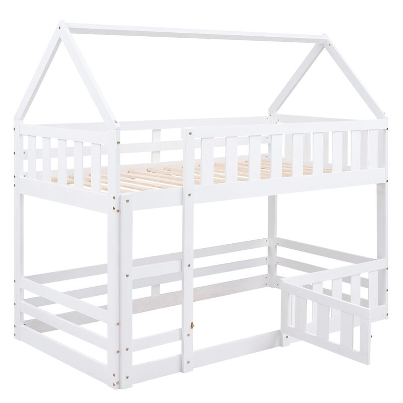Whisen Wood Twin over Twin House-Shaped Bunk Bed with Fence with Door and Ladder - White