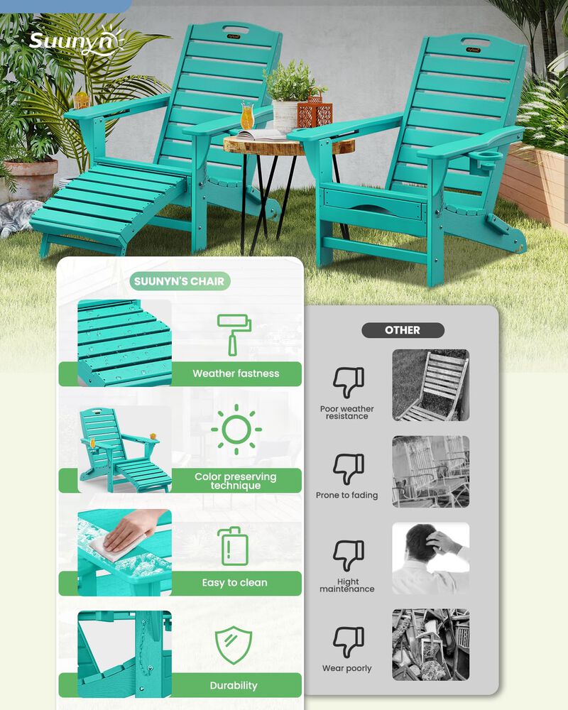 SUUNYN Folding Adirondack Chairs Set of 2,Adirondack Chair with Retractable Ottoman,Plastic Adirondack Chairs with 2 Cup Holder,