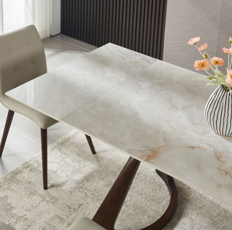 Retractable Imitation Sintered stone Table,Heat Resistant Scratch proof Heavy Duty Carbon,Dark Walnut Solid Wood Base image number 1