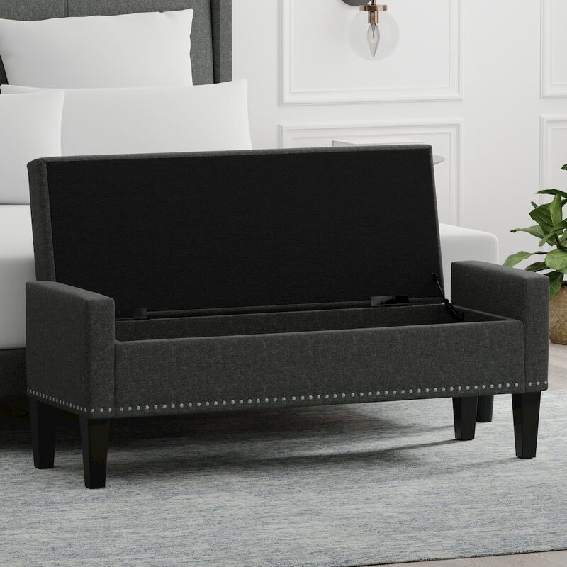 Rize Home 51.25 Storage Bench with Truncated Arms + Nailhead Trim - Dark Gray image number 5