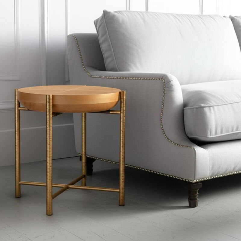 HomeRoots 22" Natural and Gold Wood and Stainless Steel Round End Table image number 1