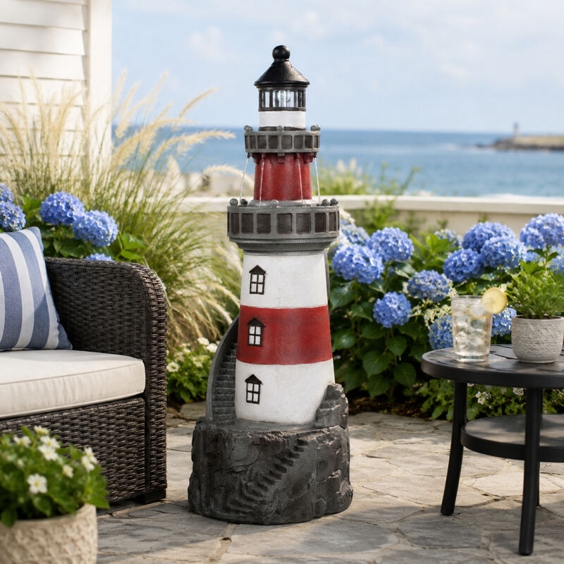 Teamson Home Outdoor Solar Light House Fountain with Rotating LED Light, Red/White image number 1
