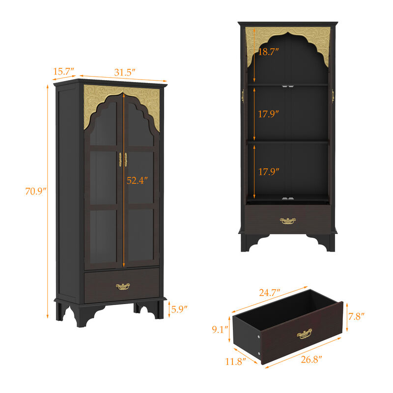 FUFU&GAGA Classic Display Bookcase with Glass Doors & Drawer, Solid Wood Front & Ornate Golden Details, (31.5 in. W x 15.7 in. D x 70.9 in. H), Black and Gold