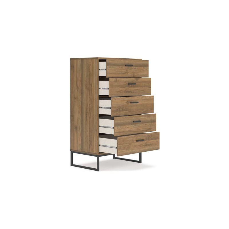 Deana Tall Dresser Chest, 5 Drawers, Brown Wood, Black Metal, 51 Inch