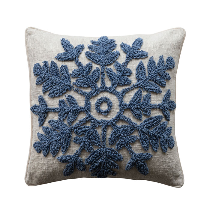 Tufted Cotton Snowflake Pillow with Velvet Piping, Blue & Natural