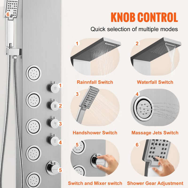 Shower Panel System with 4 Modes, 5 Full Body Jets, Handheld Shower and Hose-Silver image number 4