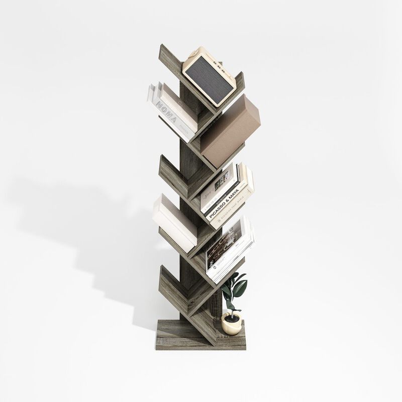 Tree Bookshelf 9-Tier Floor Standing Tree Bookcase, Grey Oak