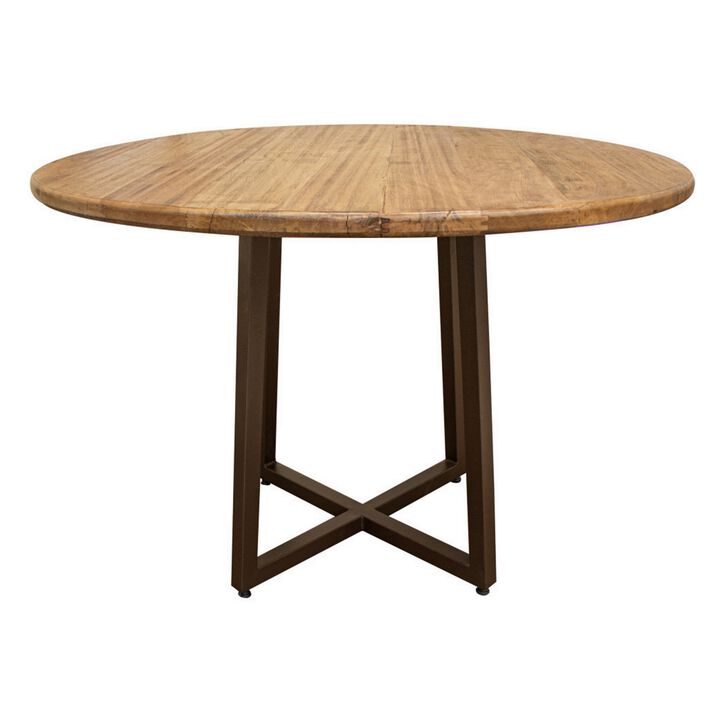 Asic 47 Inch Dining Table, Round, Hollow Black Metal Frame, Brown Wood Top - Benzara