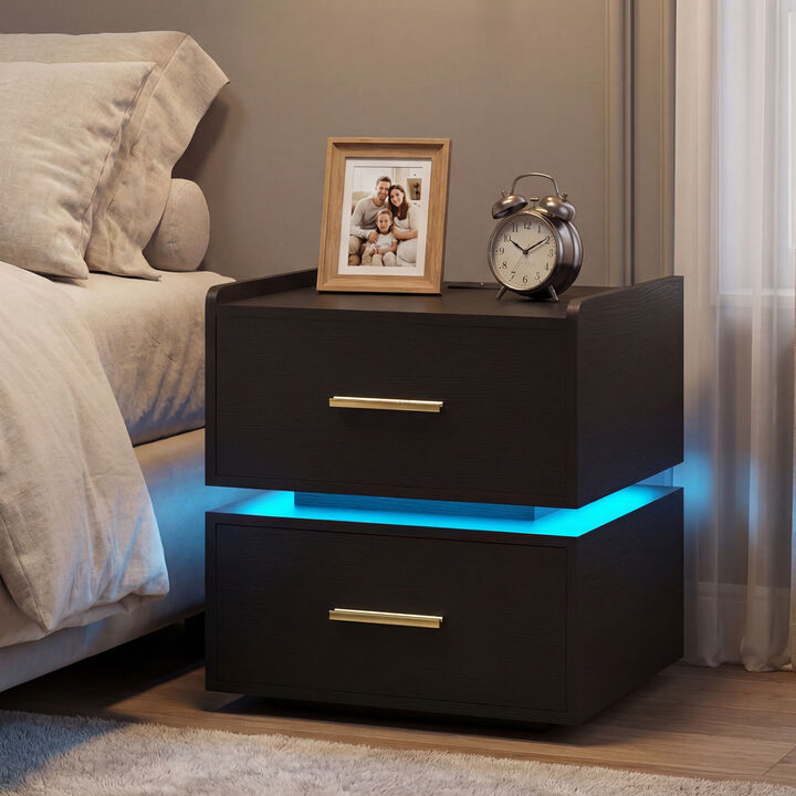 Modern Nightstand with LED Light, Charging Station and 2 Storage Drawers