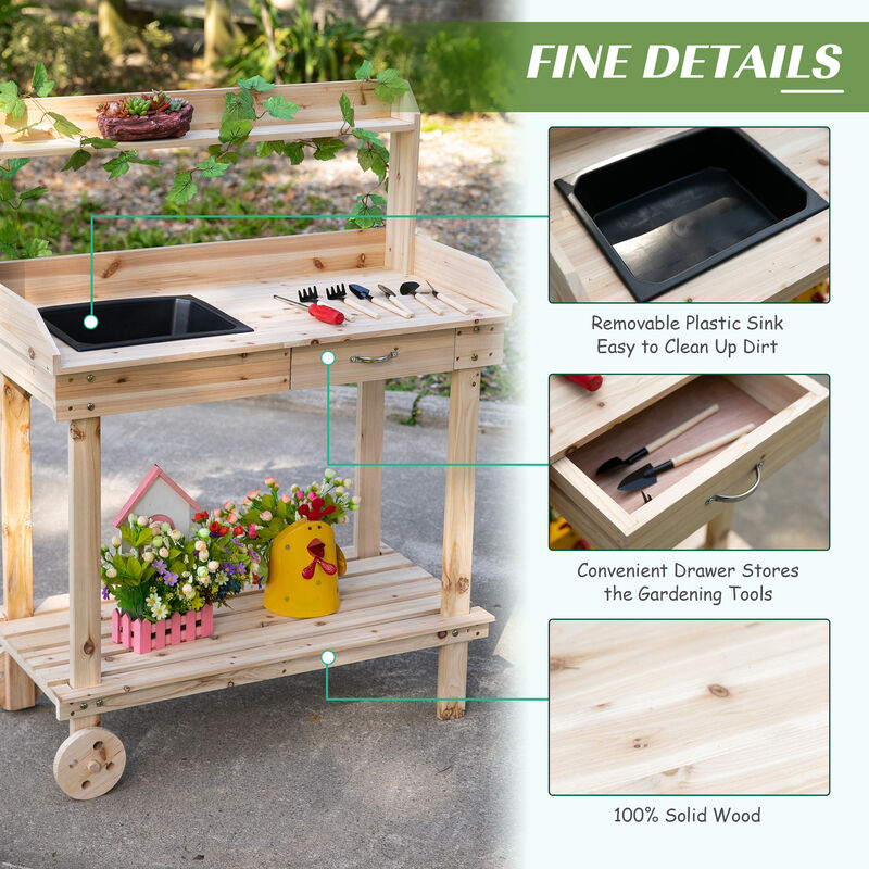 Hivvago 36" Wooden Potting Bench with Wheels, Sink, and Storage image number 4