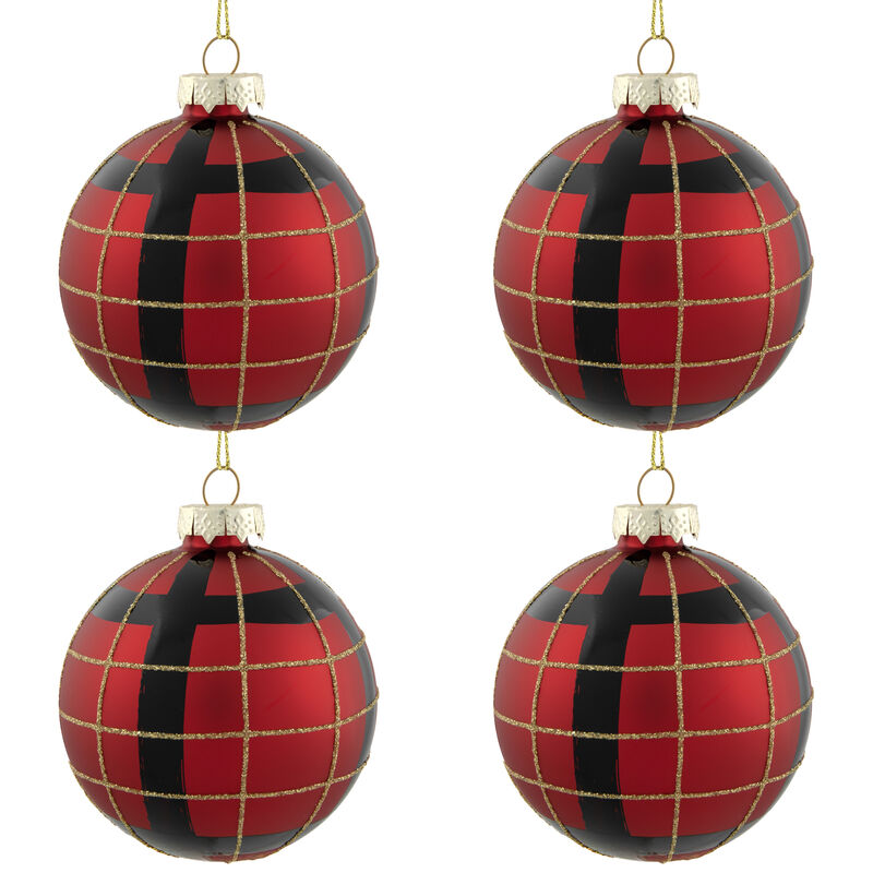 4ct Red  Black and Gold Plaid Glass Ball Christmas Ornaments 3.25" image number 0