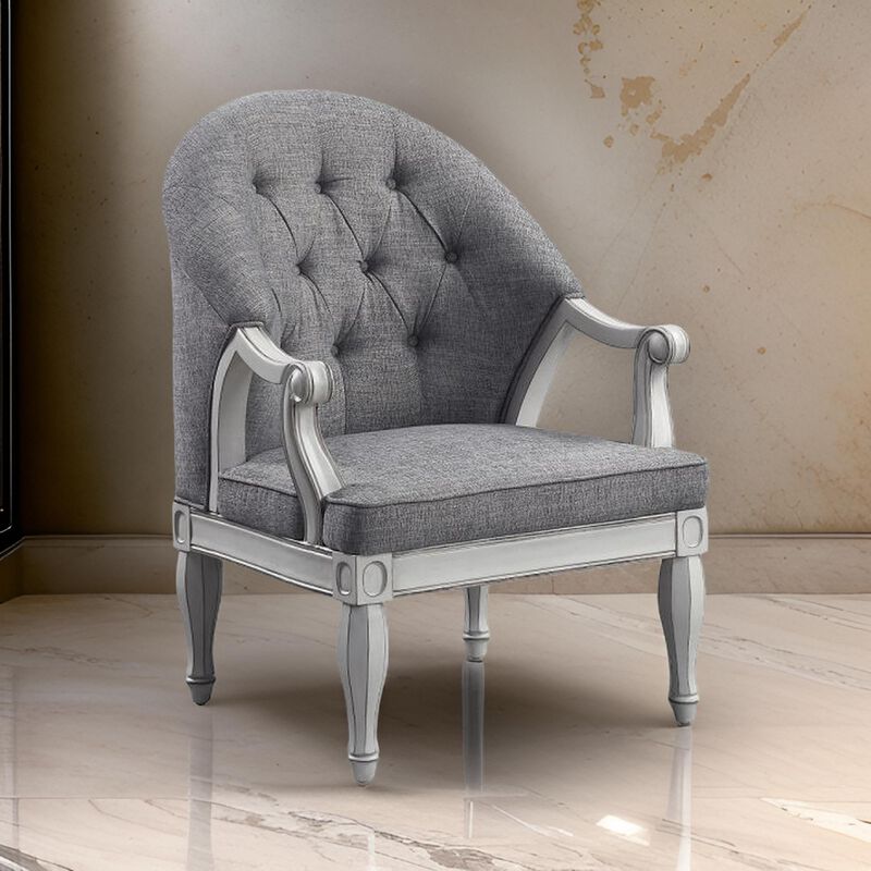 Fil 32 Inch Armchair, Tufted Backrest, Fabric Upholstery, Poplar Wood, Gray