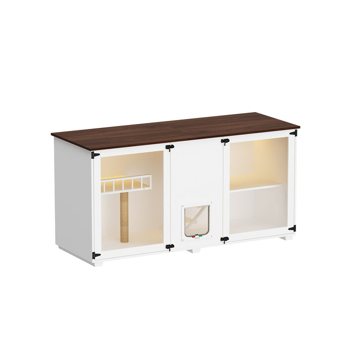 XL Wooden Litter Box Enclosure Furniture with Scratching Post and Light, Indoor Cat Cabinet Washroom Storage in White