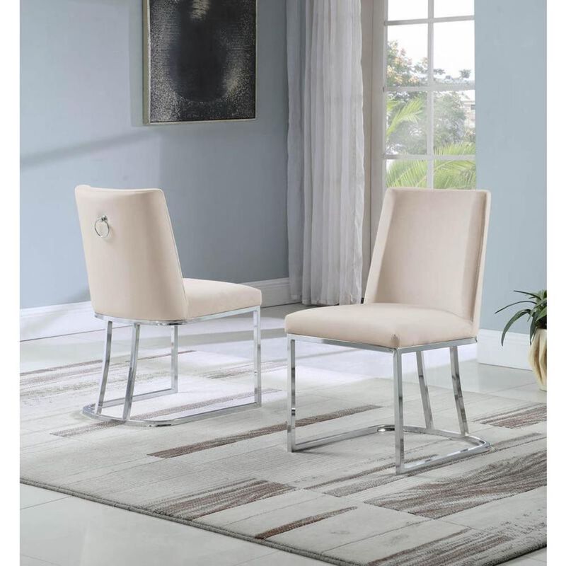 Set of 2 Velvet Upholstered Side Chairs with Silver Sleigh Legs and Back Ring Handle -Beige