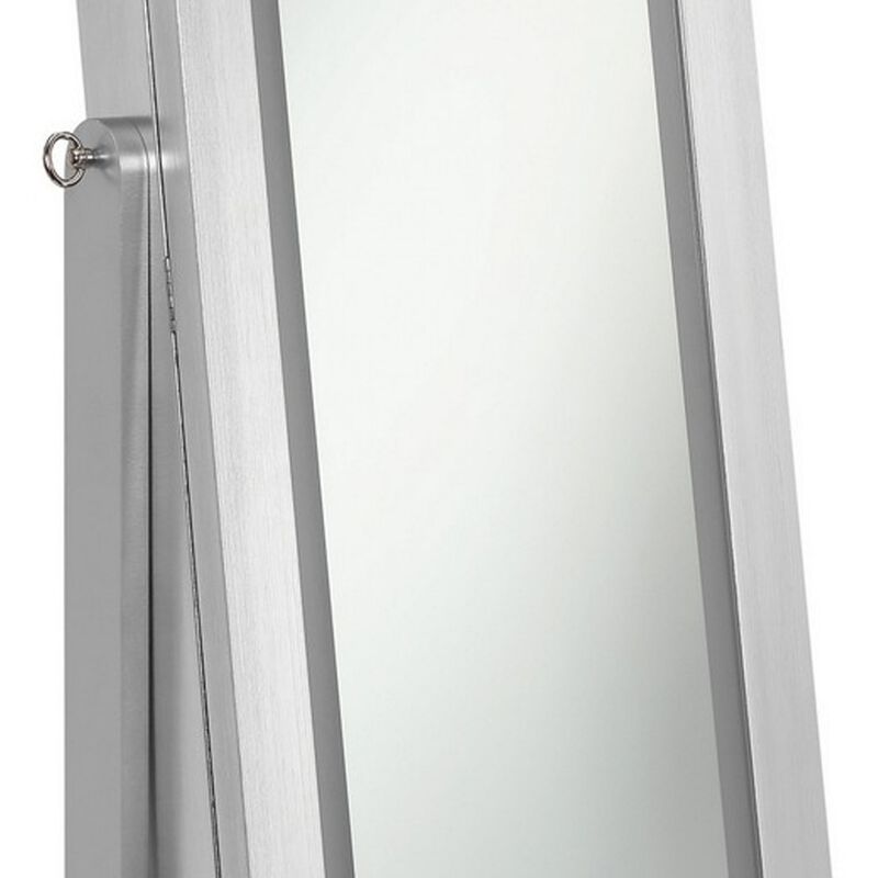 58 Inch Full Body Floor Cheval Mirror, Jewelry Storage, LED, Silver - Benzara