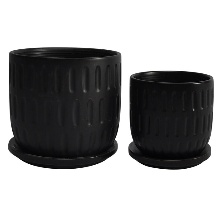 Textured Planter with Saucer, Matte Black Set