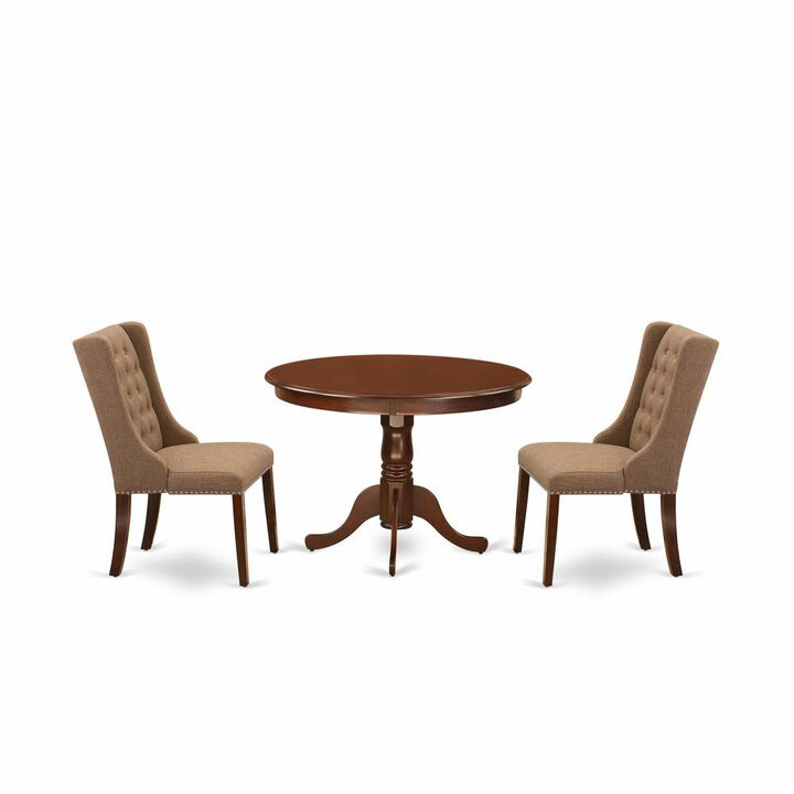 East West Furniture HLFO3-MAH-47 3-Piece Kitchen Dining Room Set Includes 1 Pedestal Dining Table and 2 Light Sable Linen Fabric kitchen chairs with Button Tufted Back - Mahogany Finish