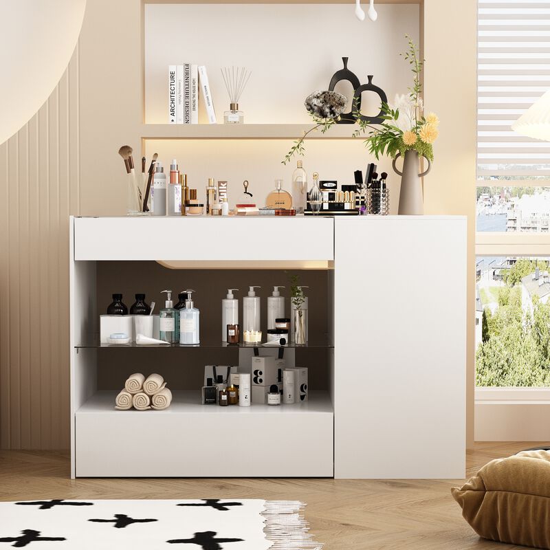White 8-Drawers 47.2 in. Width Bedroom Dresser with Glass Top and Glass Drawers
