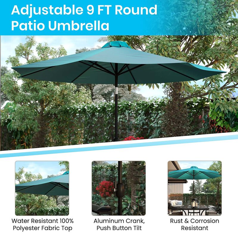 Flash Furniture 3 Piece Outdoor Patio Table Set - Natural Faux Teak Dining Table - 35" Square Synthetic Teak Patio Table with Umbrella Hole - Tan Umbrella with Base