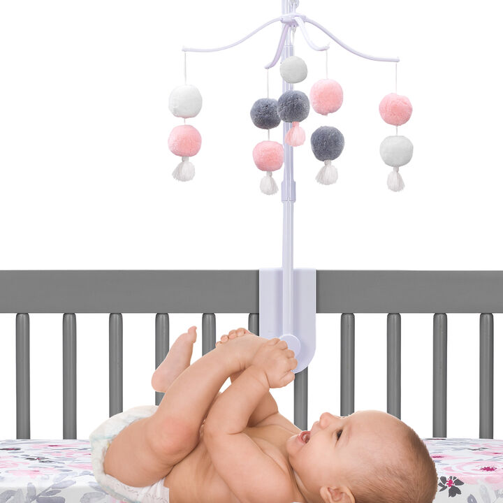 Bedtime Originals Blossom Pink/Gray Pom Pom Musical Baby Crib Mobile Soother Toy