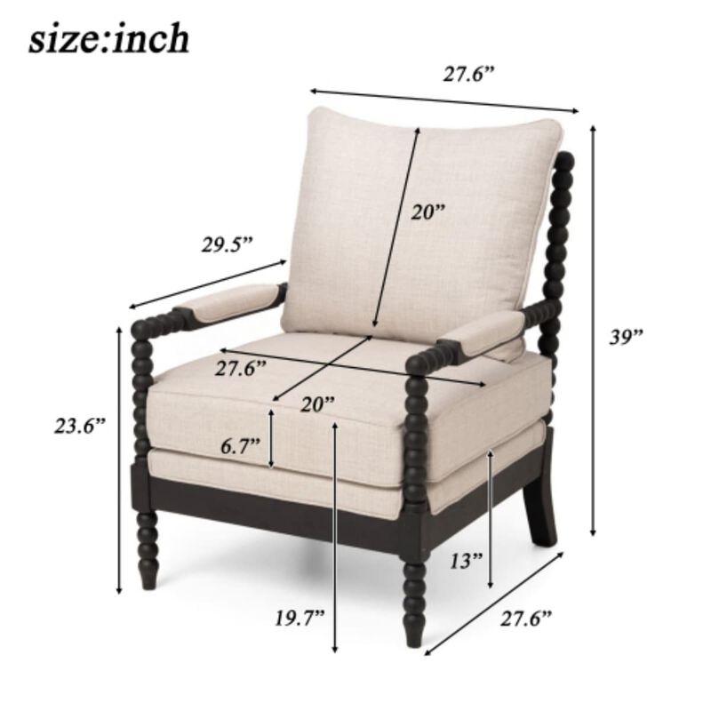 Modern accent chair in fabric and rubberwood, Spindle back chair with foam cushion, Upholstered chair for bedroom office living room image number 2