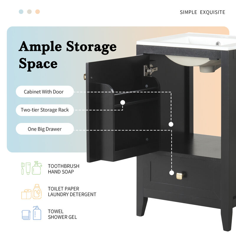 Whisen Bathroom Vanity with Sink, Vanity Cabinet with Soft Closing Door, Storage Rack and Drawer - White