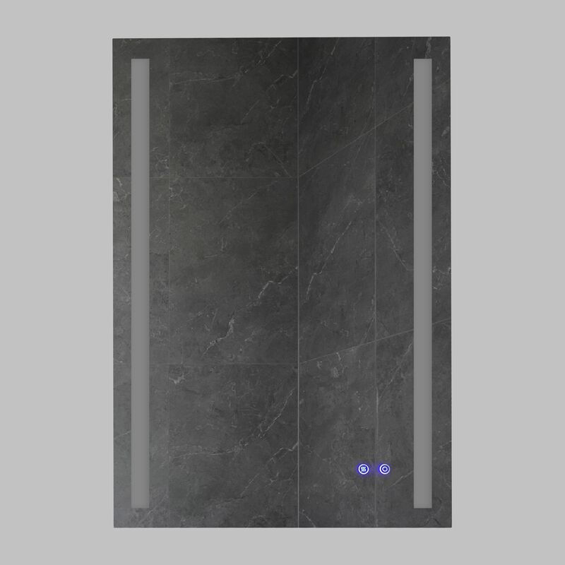 24 x 36 Inch Frameless LED Illuminated Bathroom Mirror, Touch Button Defogger, Metal, Vertical Stripes Design, Silver-Benzara image number 9
