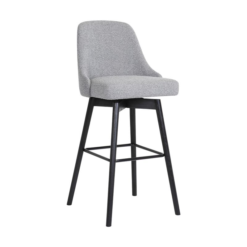 Sean 30 Inch Barstool Chair, Parson Style, Swivel, Light Gray Fabric, Black - Benzara