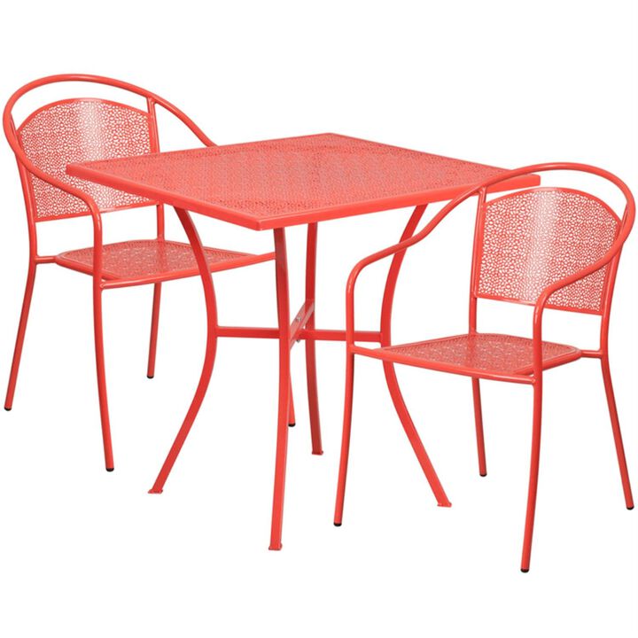 Flash Furniture Commercial Grade 28" Square Coral Indoor-Outdoor Steel Patio Table Set with 2 Round Back Chairs